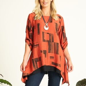 Saloos Women's Lagenlook Asymmetrical Hem Orange Black Tunic Top Shirt Size XL